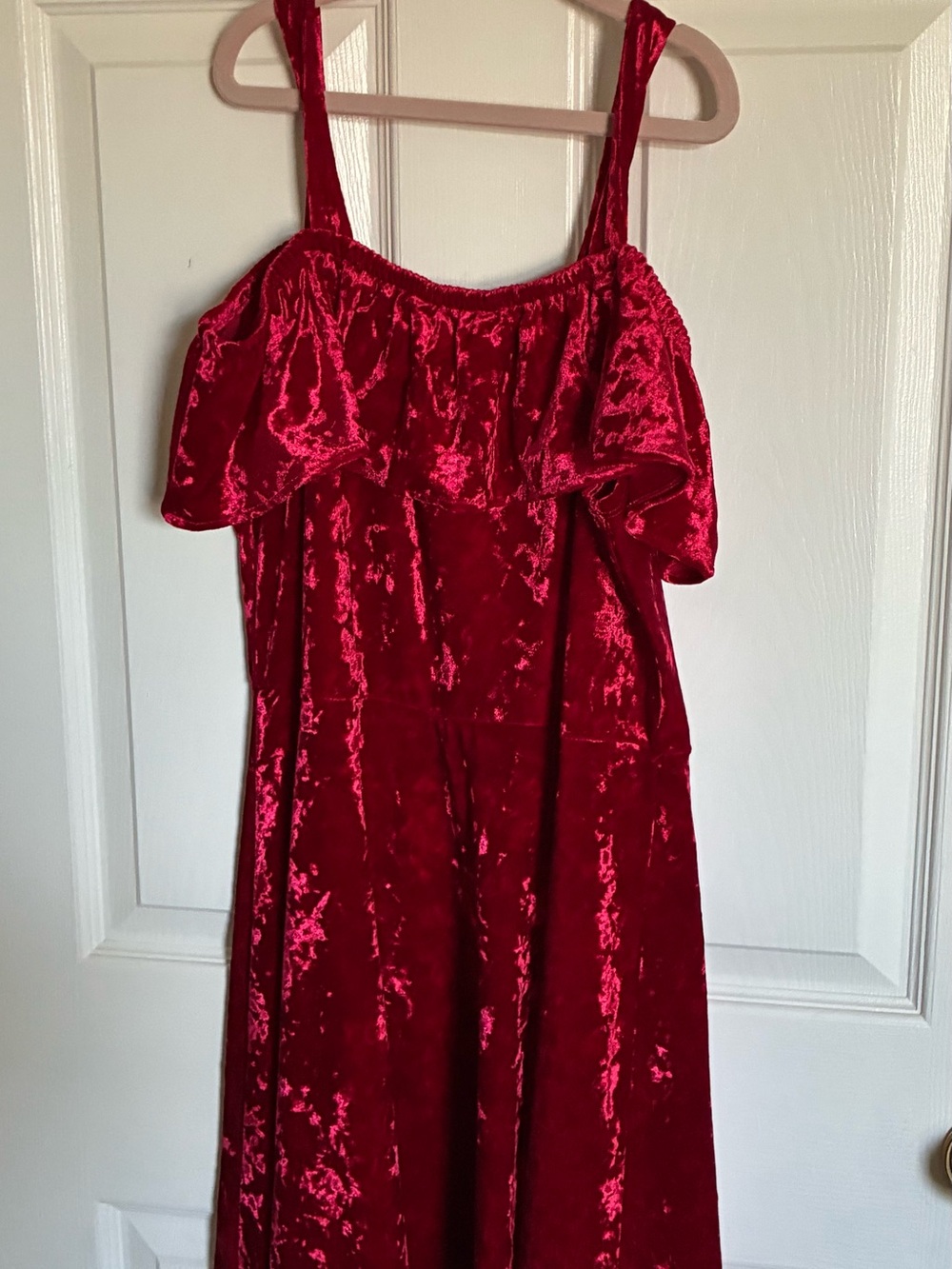 Girls Red Velvet Ruffle Strap Dress